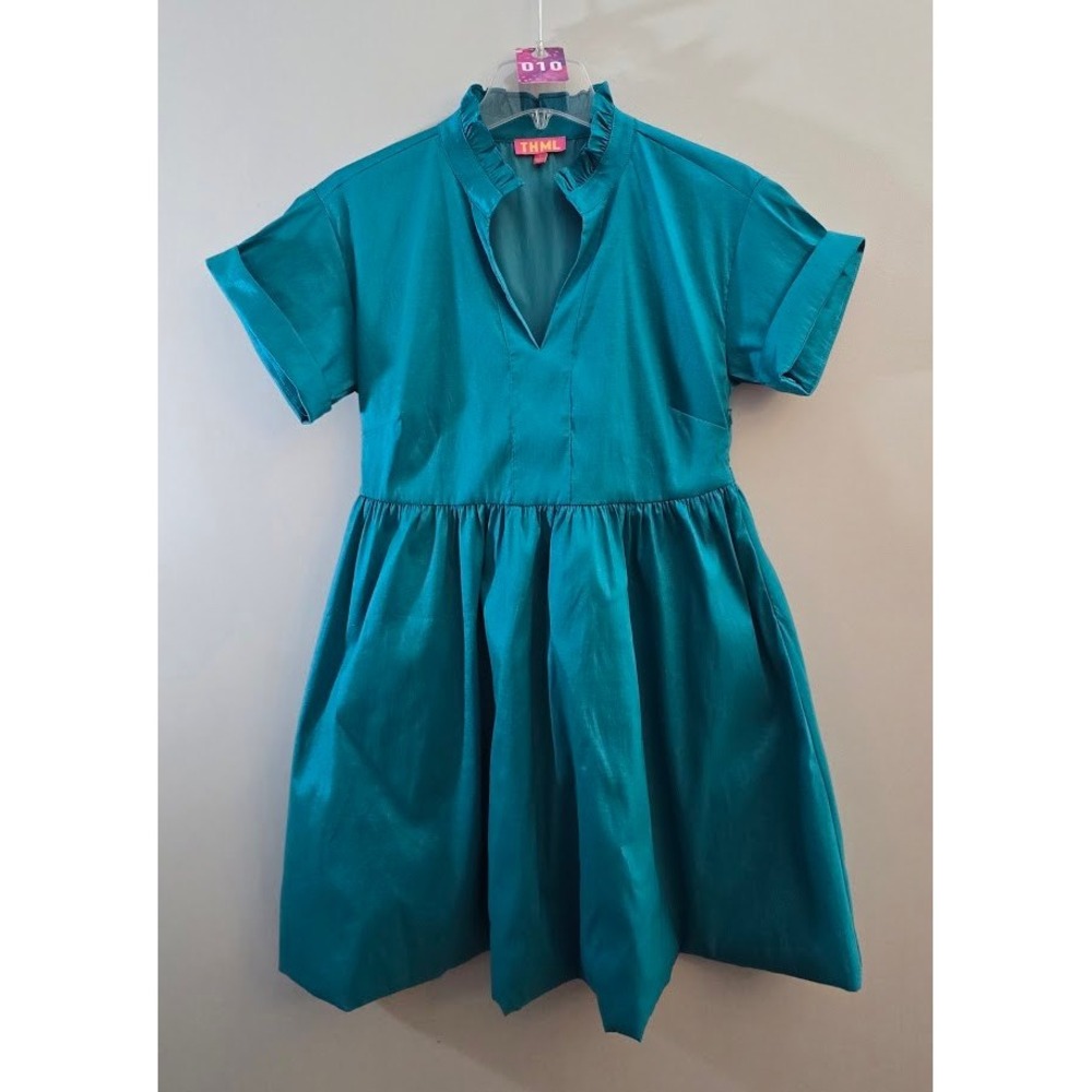 THML Womens Dress Miss Duval Teal Ruffle Neck Fit Flare Mini Short Sleeve Size S